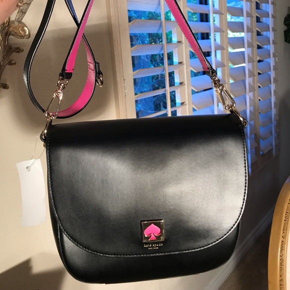 Kate Spade Blk Lthr Saddle Bag w/Hot Pink & Gold - Picture 1 of 8